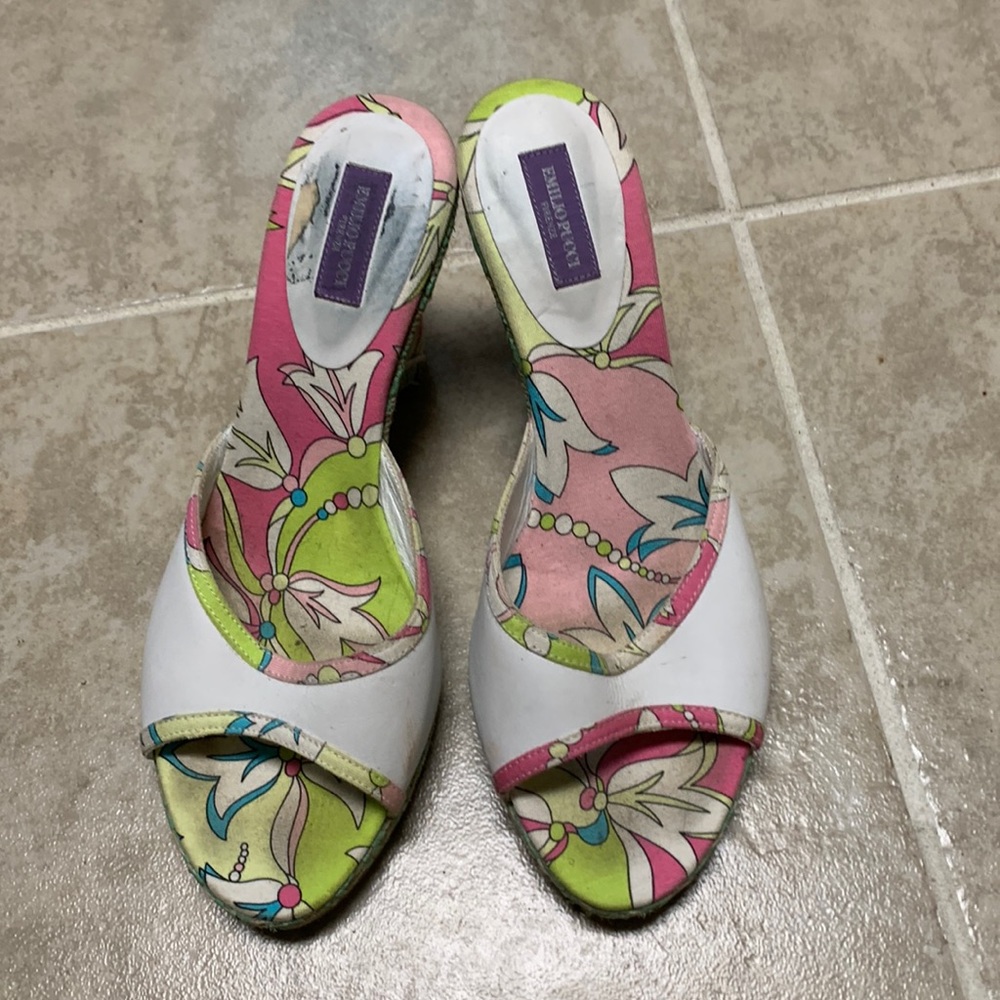 Emilio Pucci Printed Leather Trim Green Wedge Heel